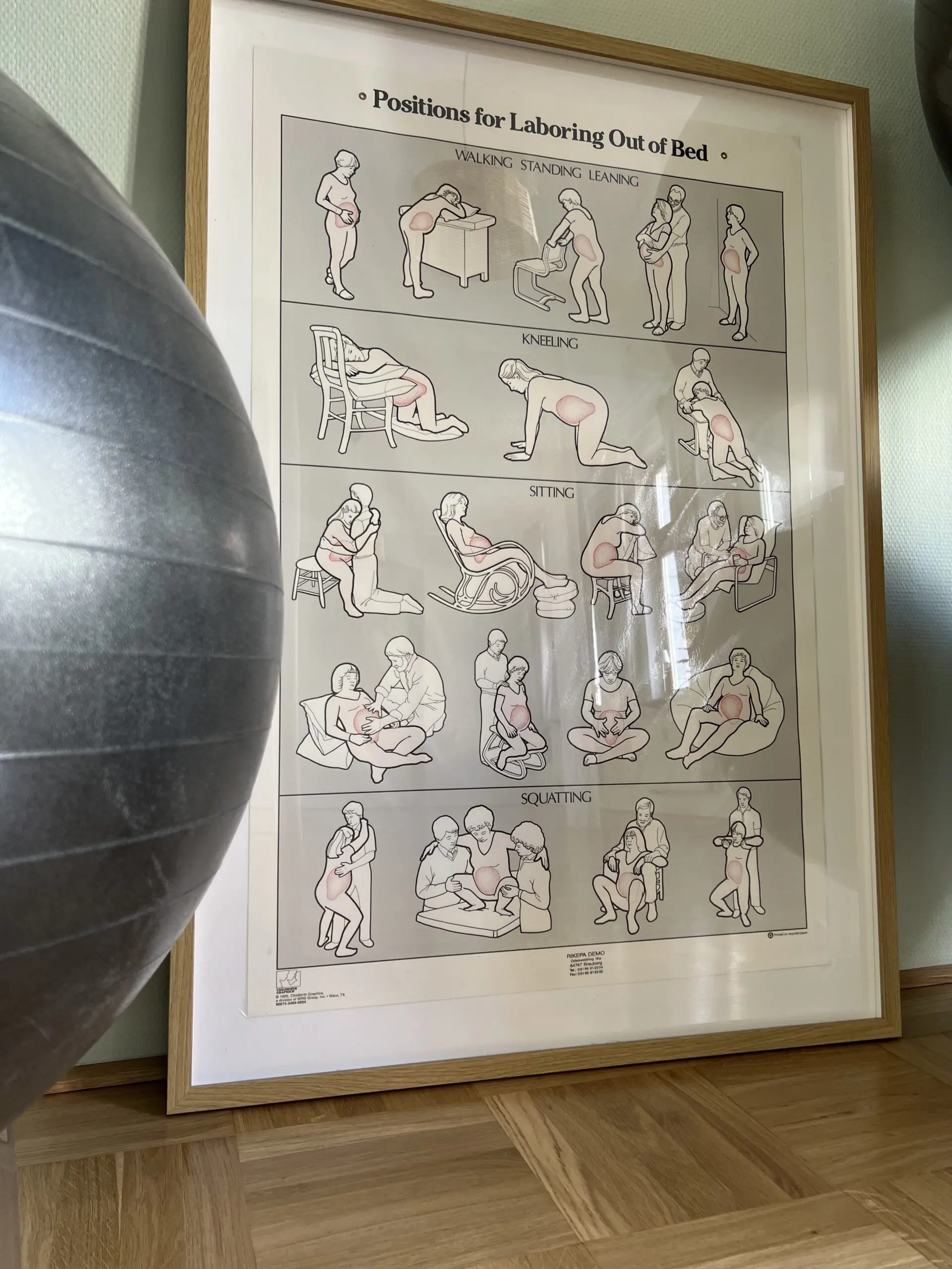 Detailaufnahme eines Posters über Gebärpositionen im Kursraum im Geburtshaus Ulm